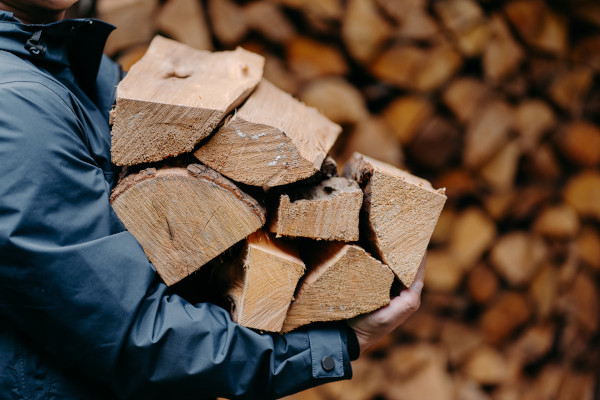 Eine Person trägt Holz nach drinnen als Brennstoff für den finnischen Specksteinofen